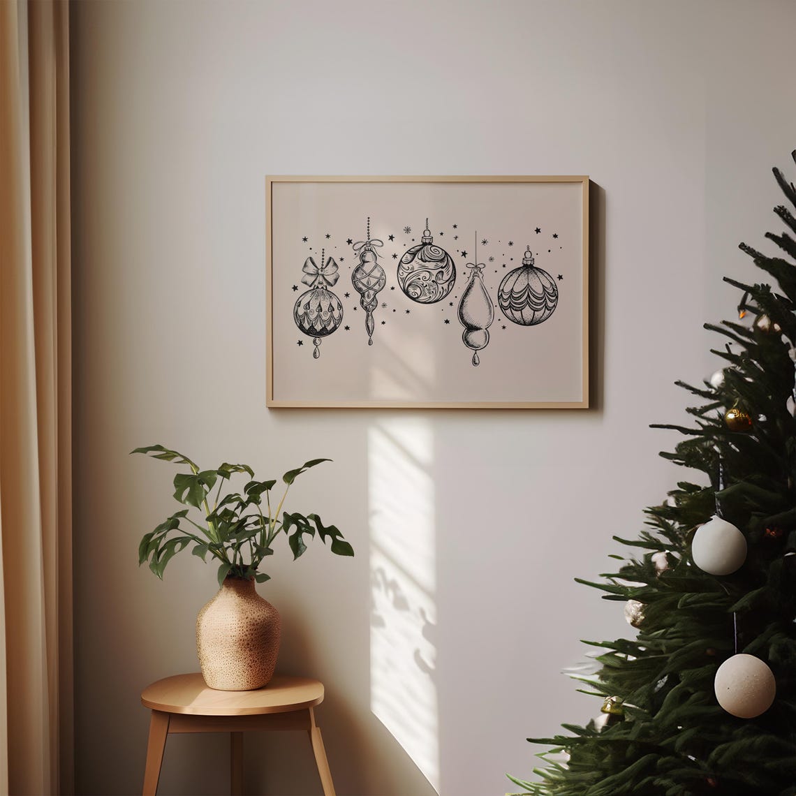 Black Ink Christmas Ornaments Line Drawing Elegant Holiday Poster - Image 2