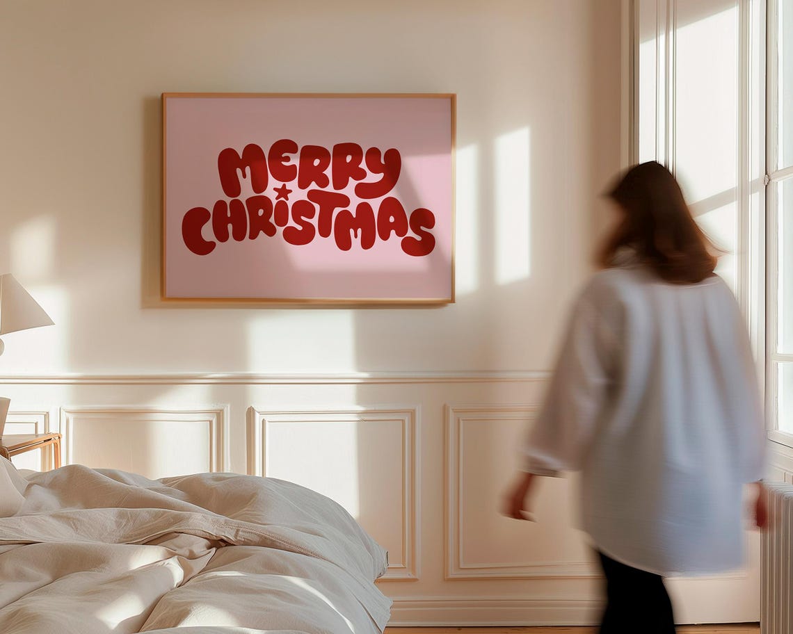 Merry Christmas Red Bubble Letters Blush Pink Holiday Art Poster - Image 3