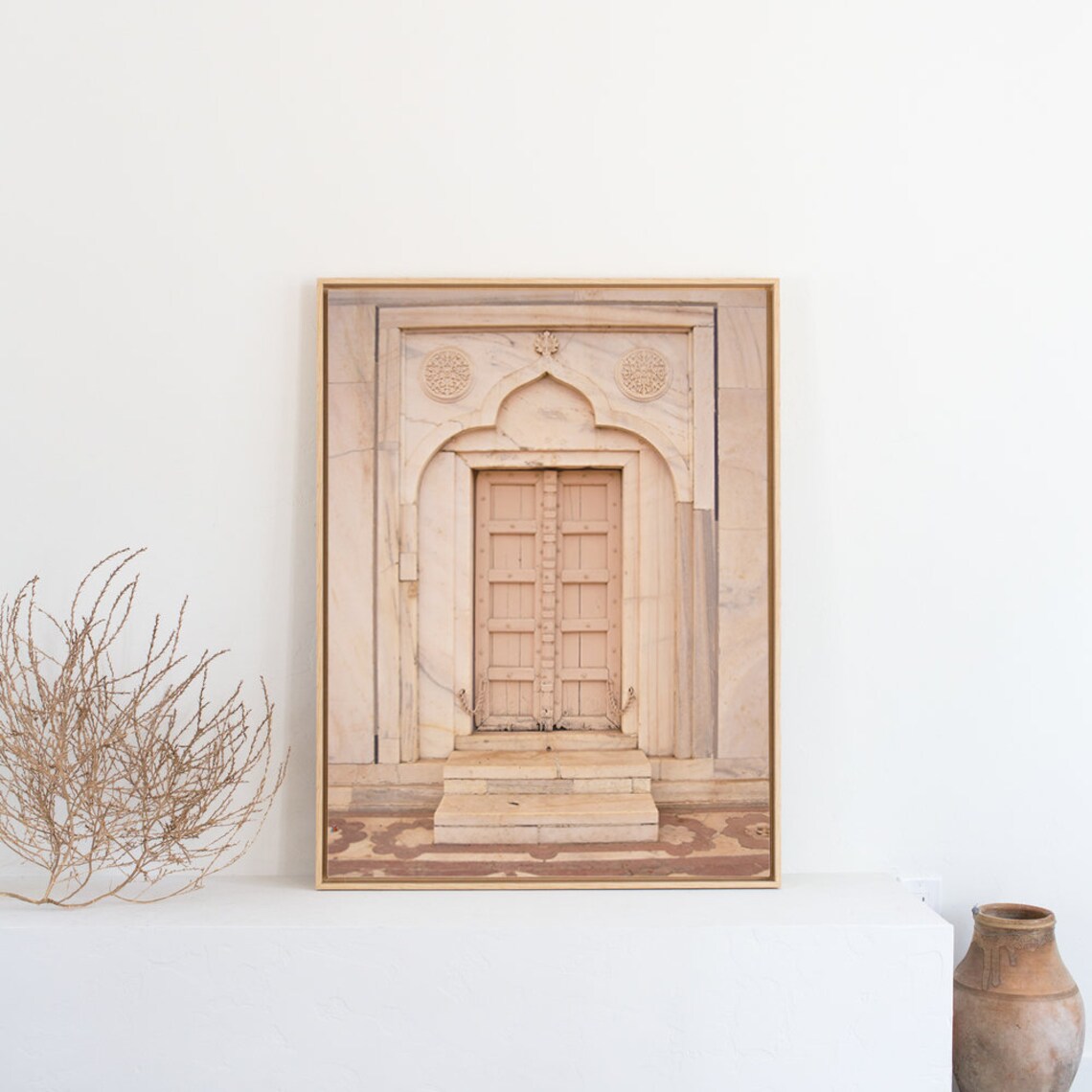 Ornate Marble Doorway with Pink Wooden Doors in Morocco Poster - Image 3