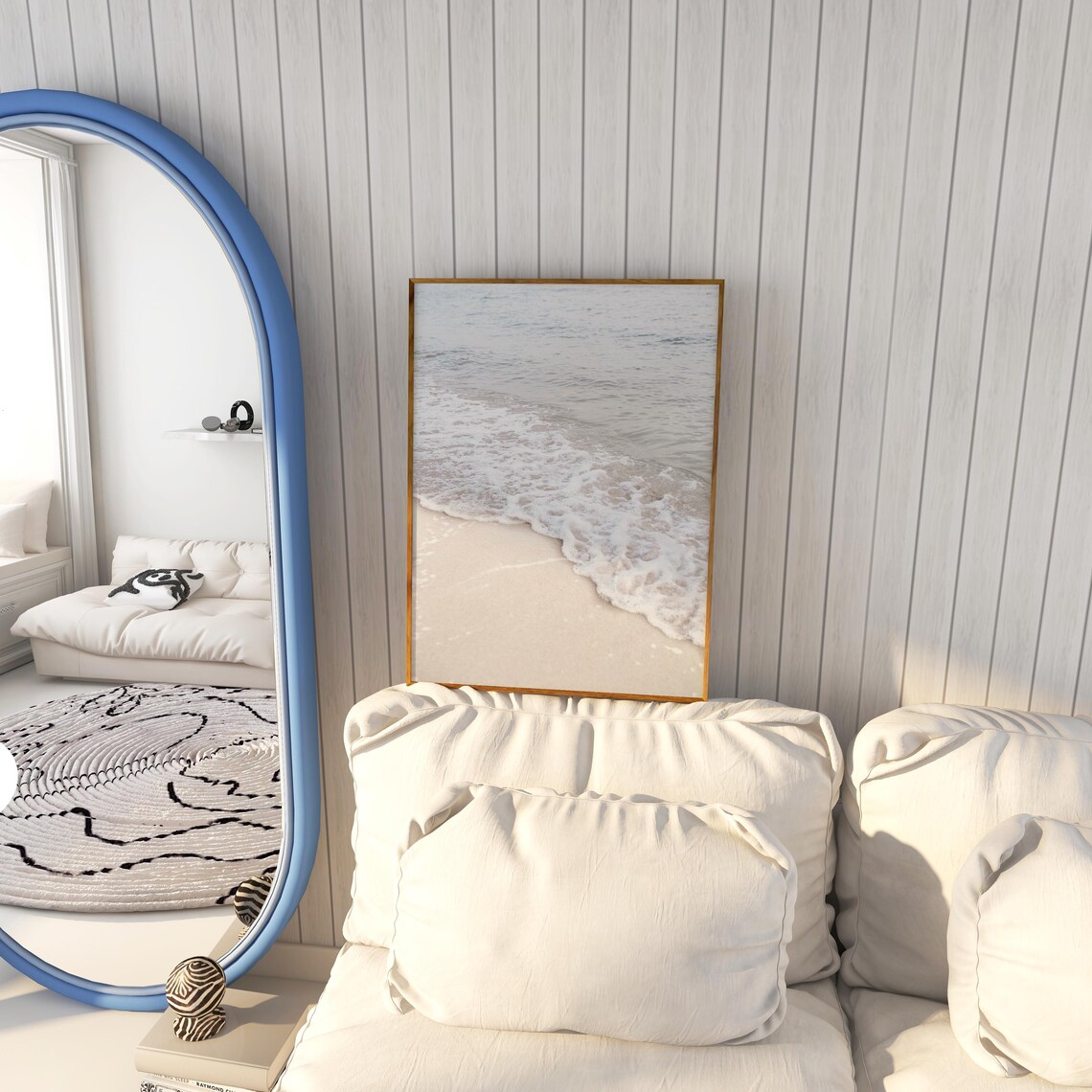 Neutral Beach Ocean Print, Blue White Coastal Decor - Image 3