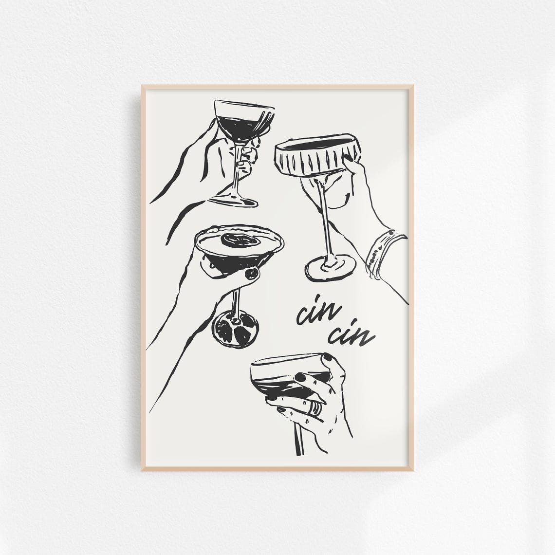 Cin Cin Cocktail Cheers Black Ink Hands Toasting Bar Cart Wall Poster - Image 2