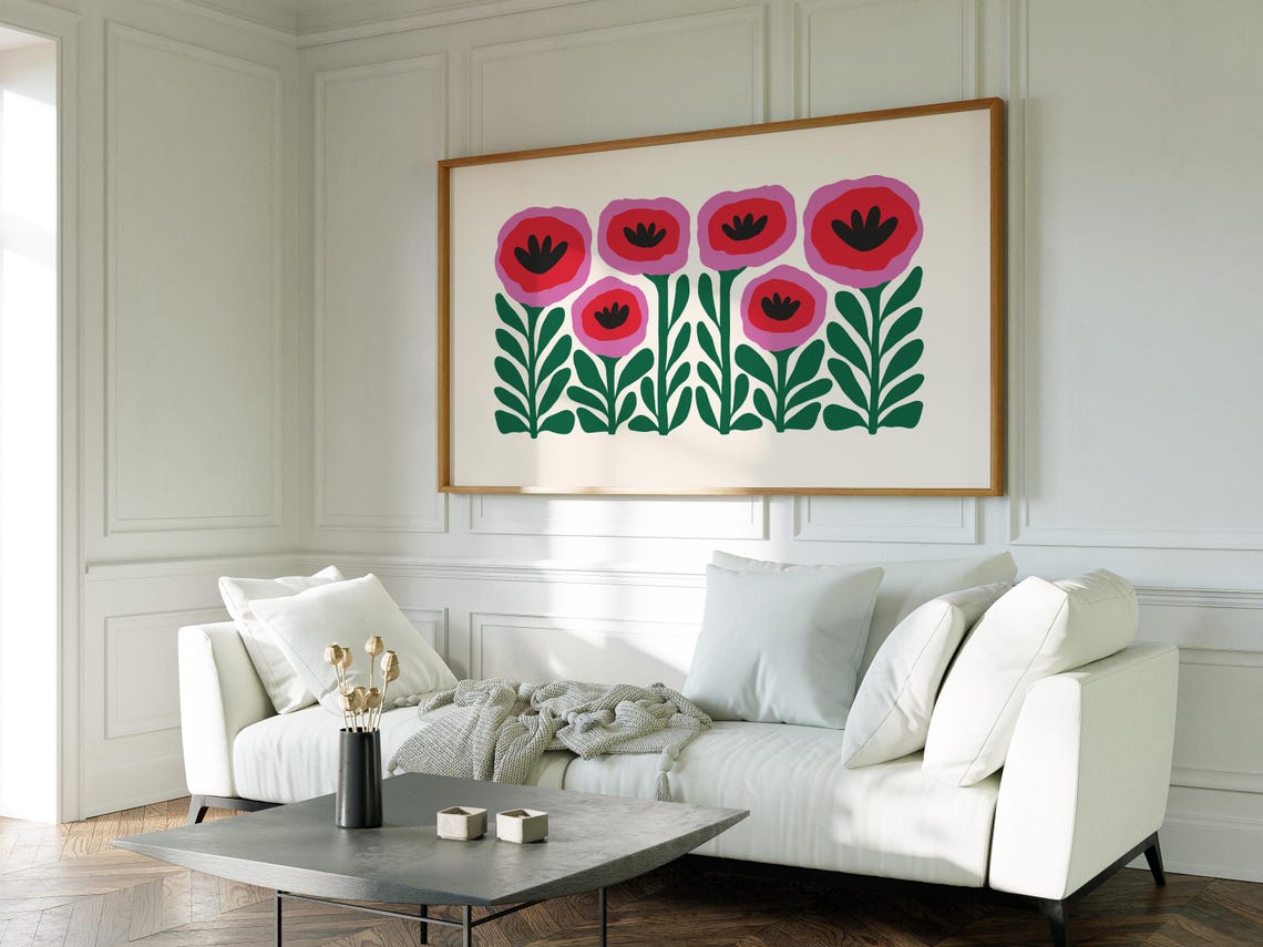 Retro Pink Red Poppy Flowers Green Stems Bold Floral Decor Poster - Image 4