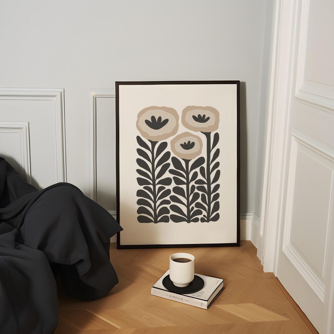 Black Beige Flower Abstract Botanical Minimal Mid Century Wall Art - Image 3