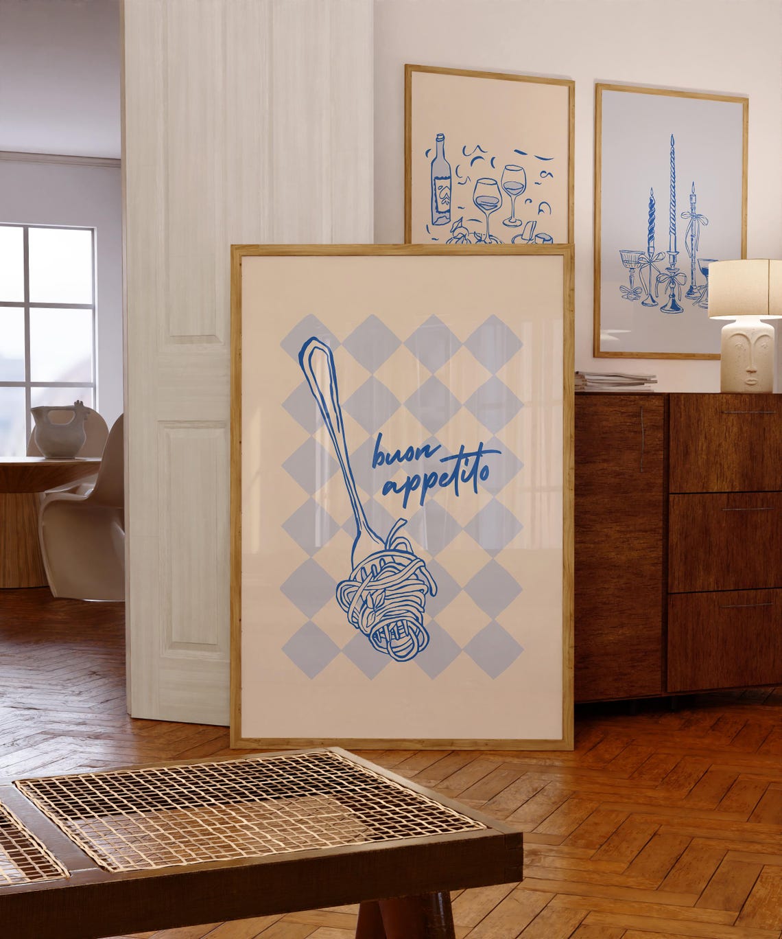 Buon Appetito Spaghetti Fork Blue Checkered Italian Kitchen Poster - Image 3
