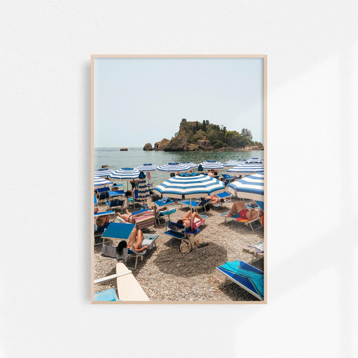 Isola Bella Taormina Blue Beach Umbrellas Sicily Travel Poster