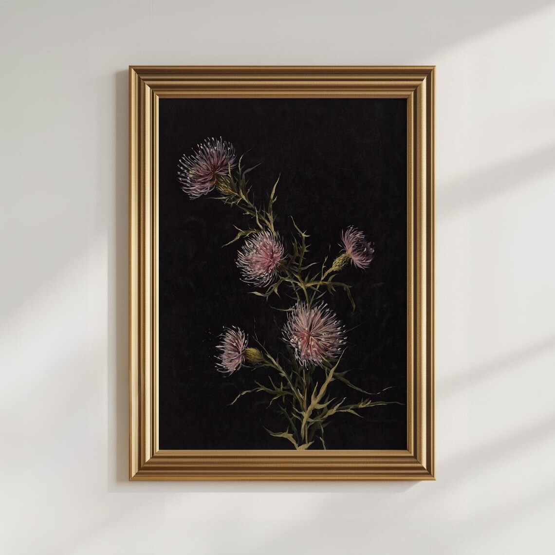 Dark Thistle Flowers Moody Black Floral Vintage Botanical Poster