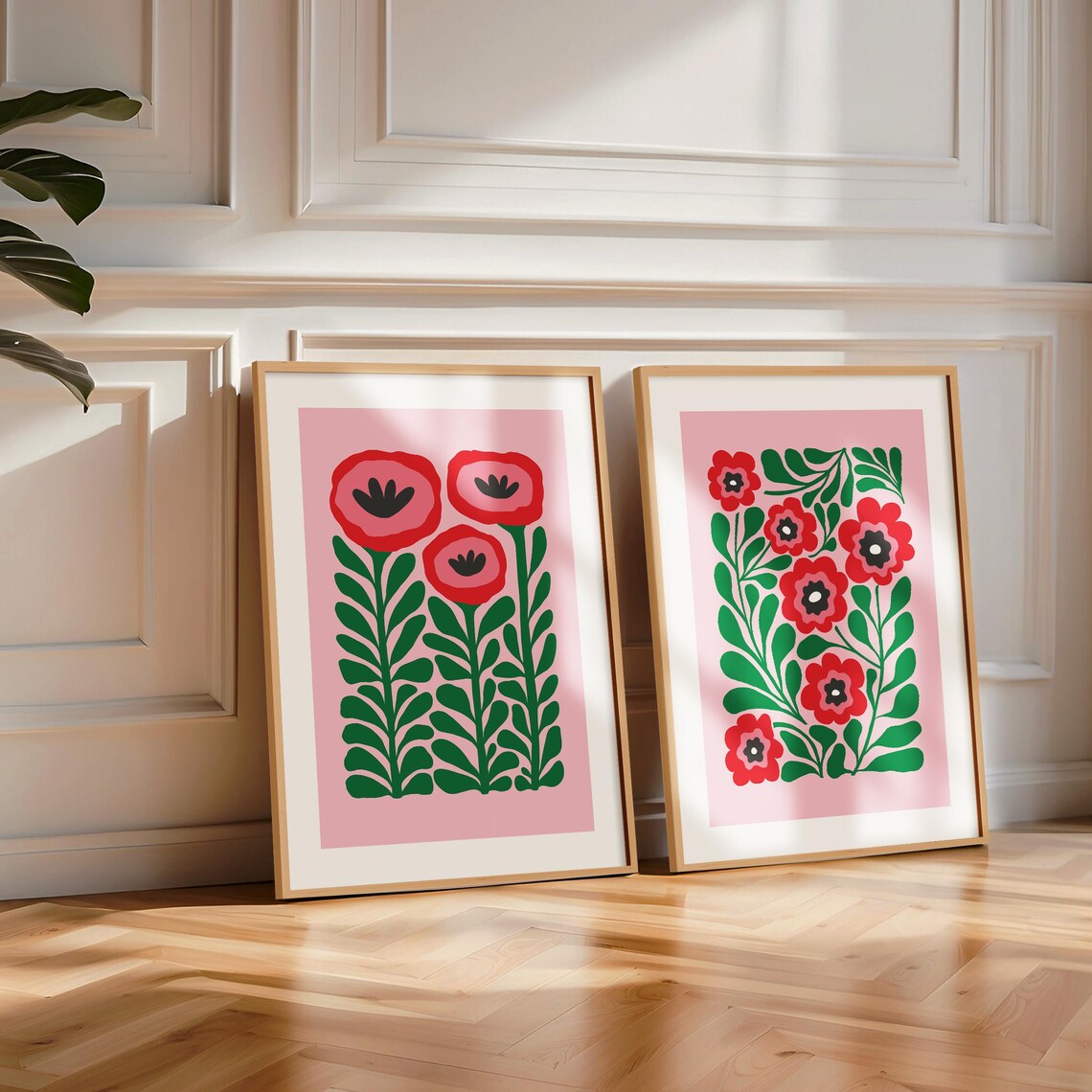 Retro Pink Green Floral Abstract Flowers Dopamine Decor Wall Art - Image 6