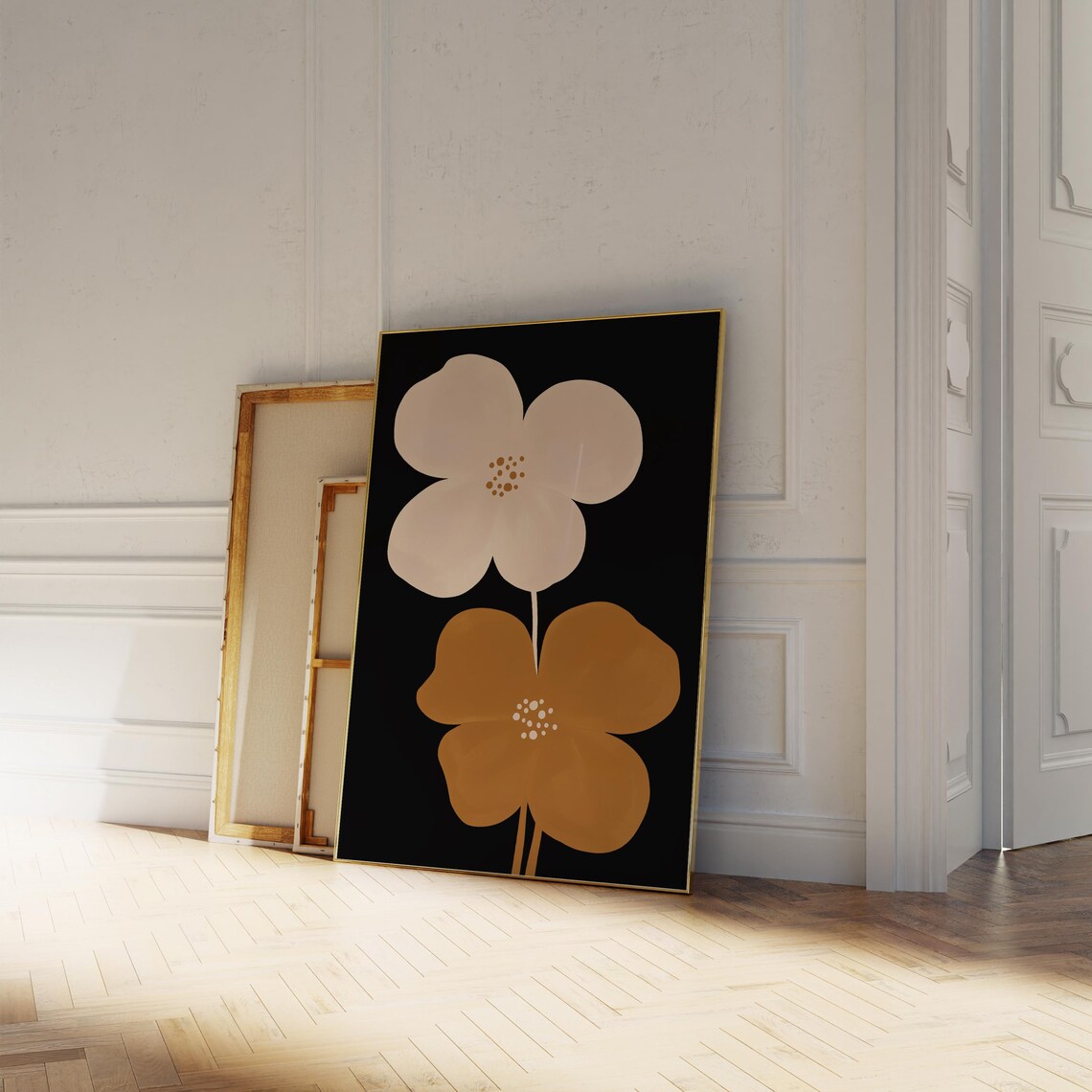 Moody Black Floral Cream Flower Mid Century Minimalist Wall Art - Image 3