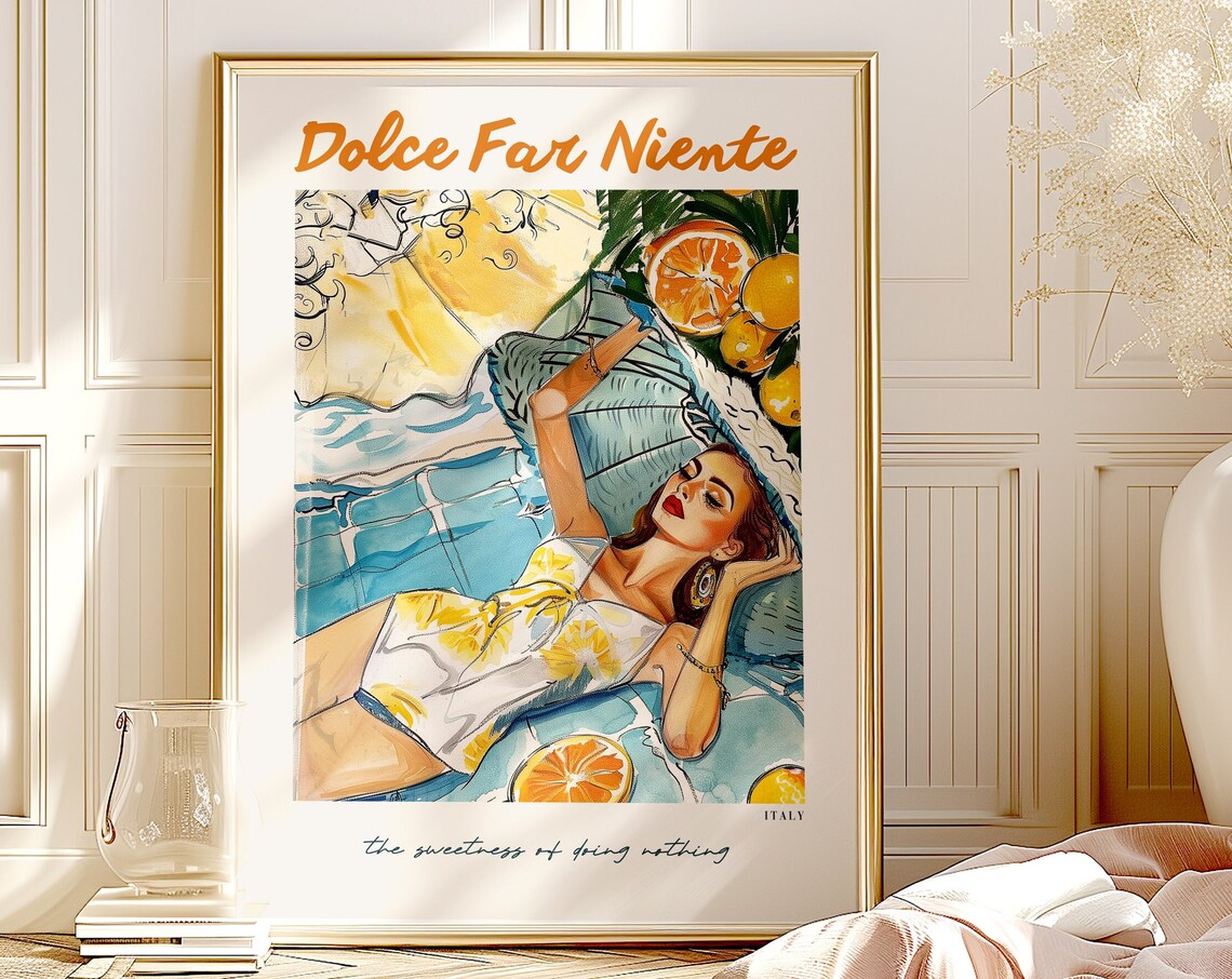 Dolce Far Niente Italy Woman Relaxing Seaside Watercolor Poster