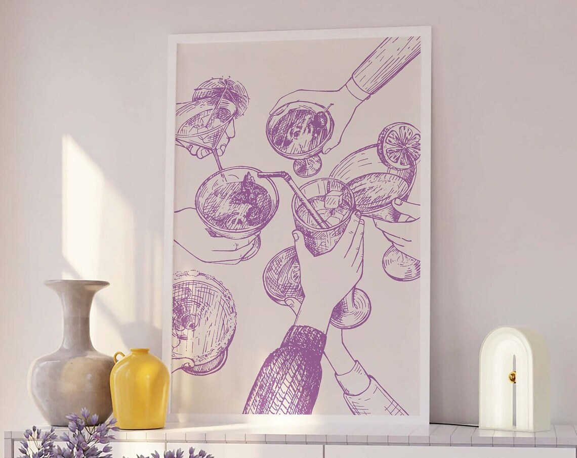 Cocktail Toast Purple Line Art Cheers Bar Cart Sketch Art Poster - Image 3