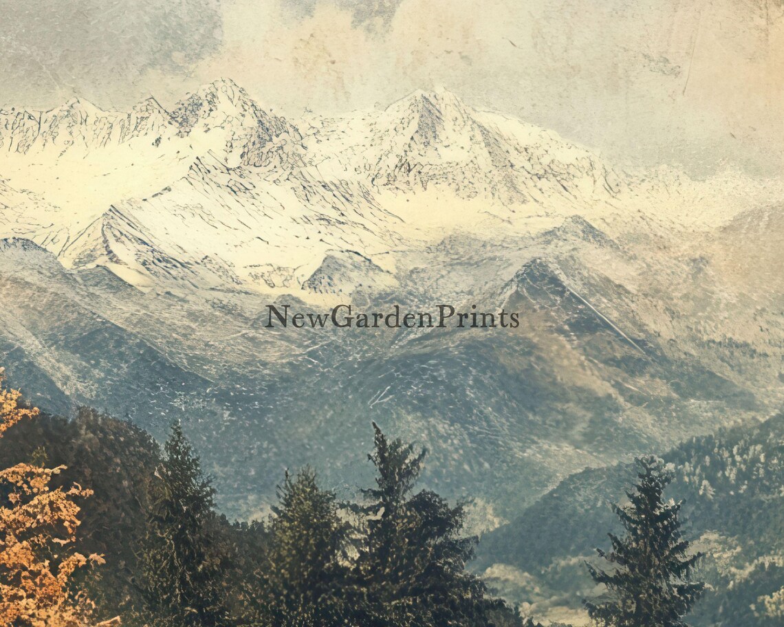 Vintage Autumn Mountain Landscape Golden Trees Snowy Peaks Countryside Poster - Image 2