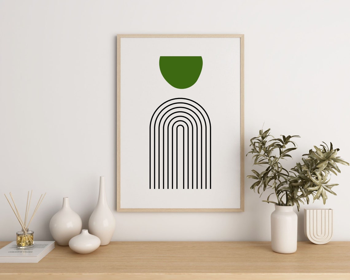 Minimalist Boho Rainbow Arch Line Art With Green Sun Modern Print - Image 3