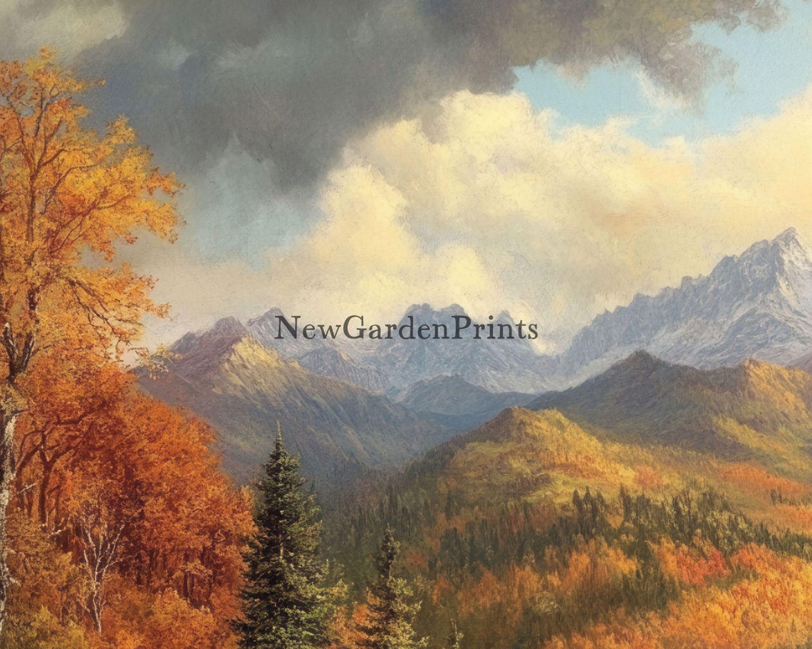 Vintage Autumn Mountain Forest Lake Fall Foliage Painting Poster - Image 3