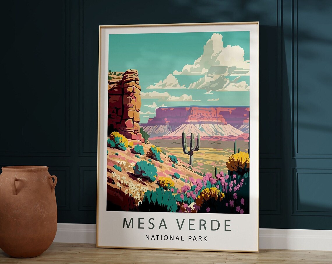 Mesa Verde National Park Poster of Desert Cliffs Cacti and Wildflowers