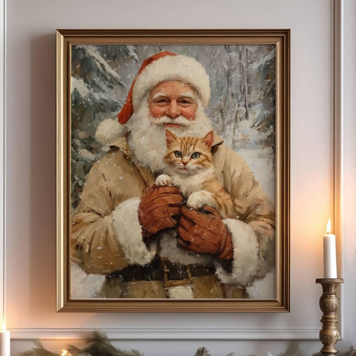 Santa Claus Holding an Orange Kitten in the Snow Christmas Poster