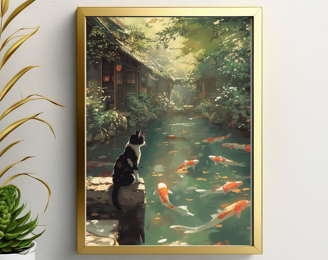 Cat and Koi Pond Cat Art Print, Cats & Wildlife - Image 5