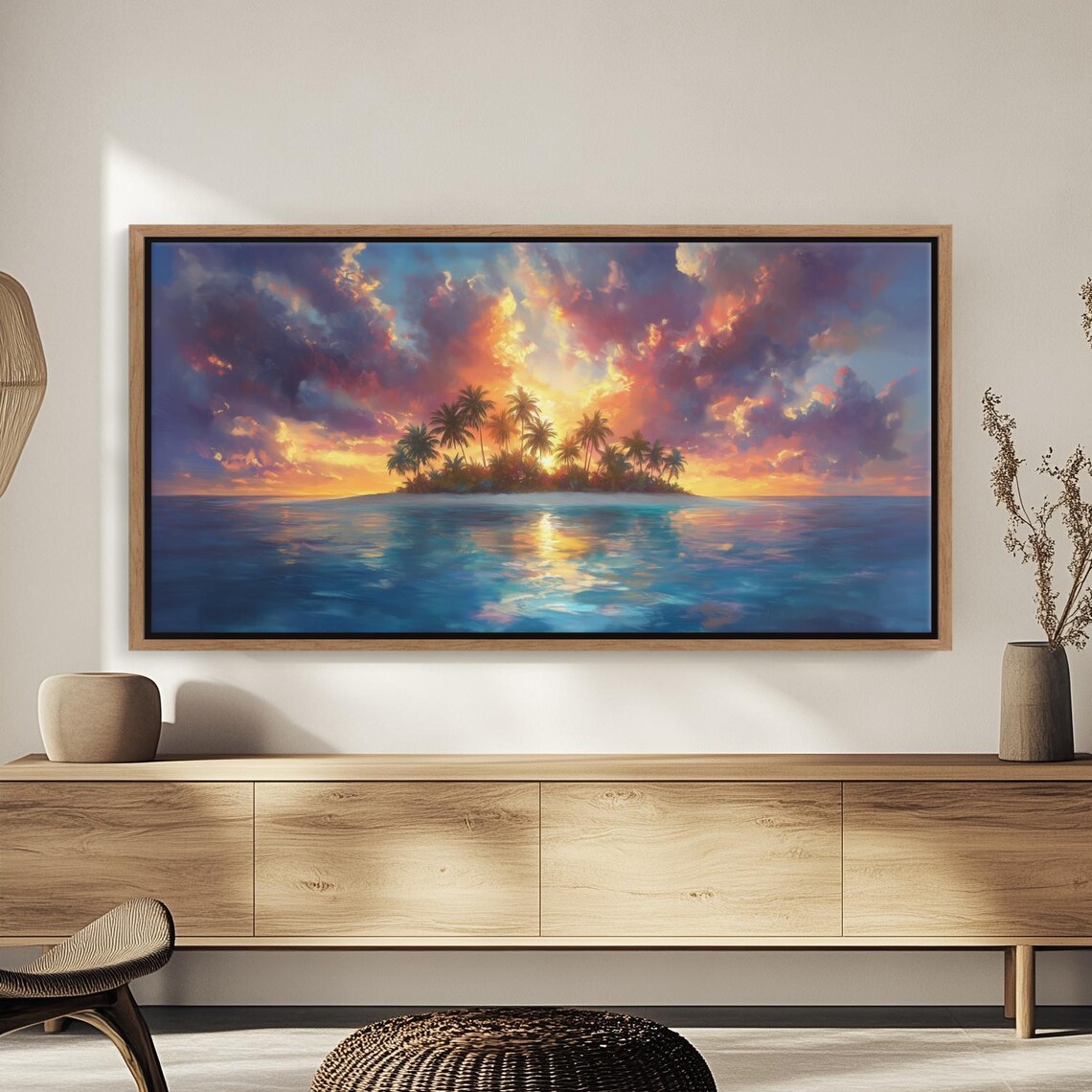 Tropical Island at Sunset With Palms and Dramatic Clouds Canvas Poster