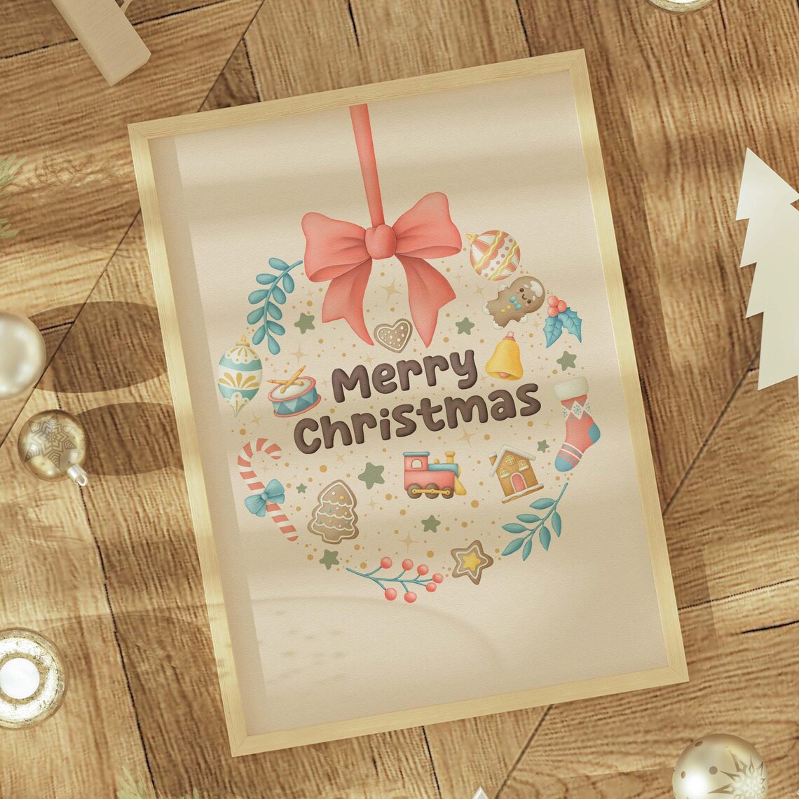 Merry Christmas Wreath Pink Bow Doodle Holiday Illustration Poster