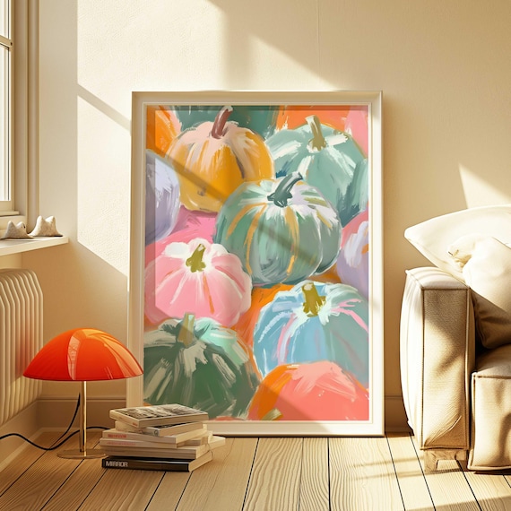Pastel Pumpkins Watercolor Fall Art Print Girly Halloween Poster