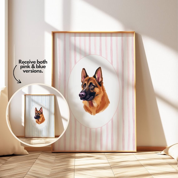 German Shepherd Puppy Portrait on Pink and Blue Stripes Poster