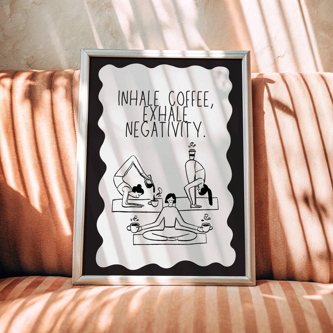 Funny Coffee Yoga Print, Minimalist Kitchen Art