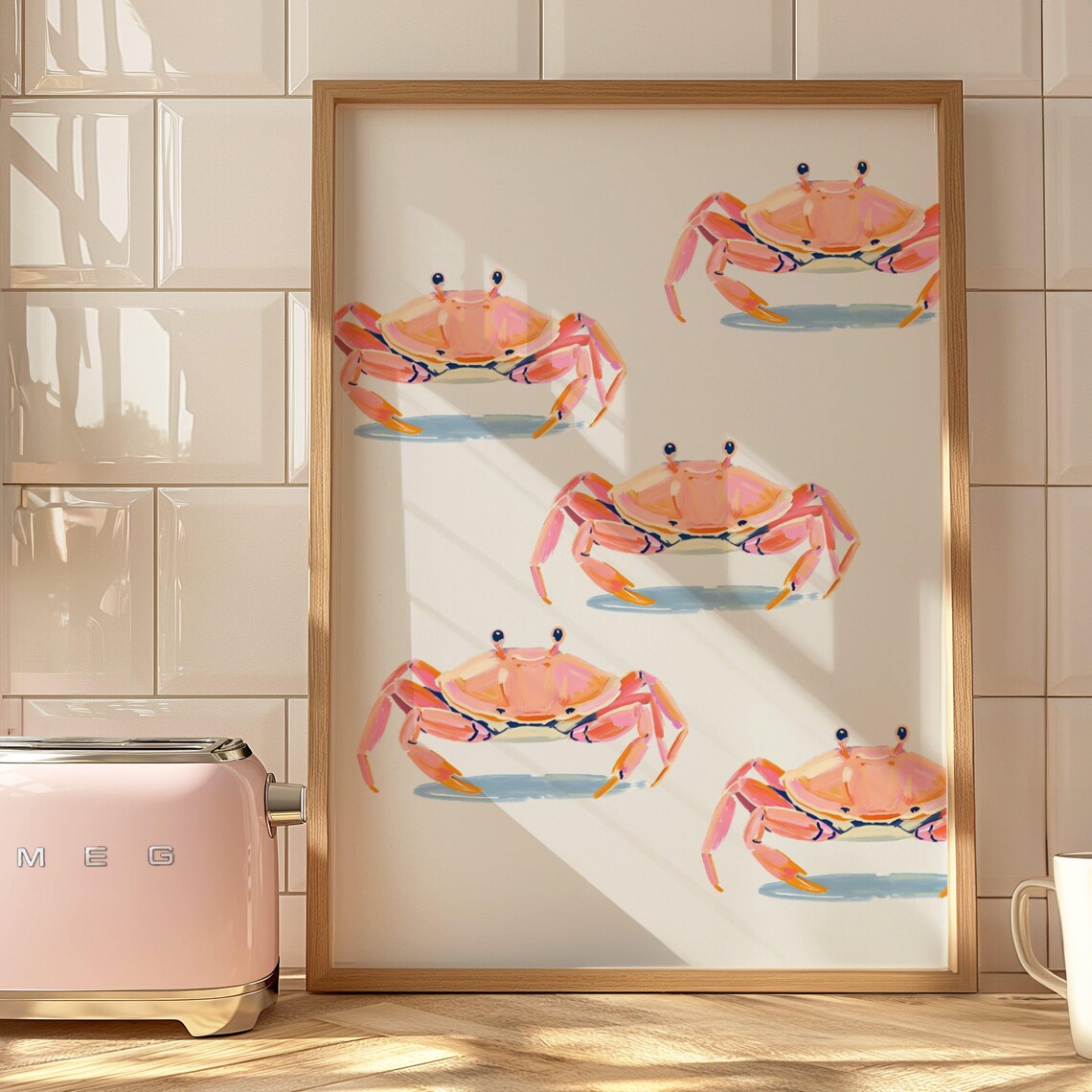 Pastel Crabs Coastal Art Print, Beachy Oyster Shell Painting