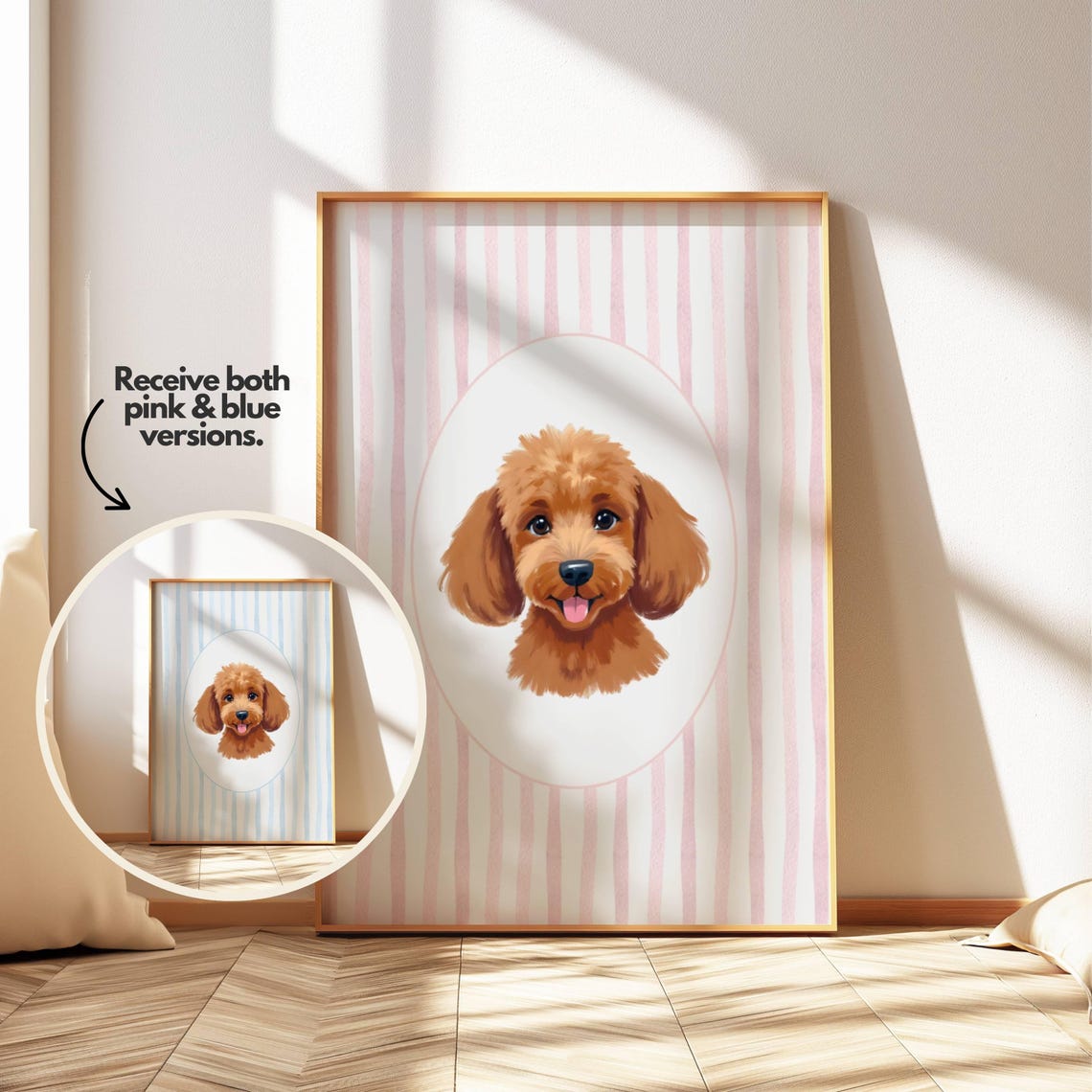 Poodle Puppy Watercolor Portrait on Pink and Blue Stripes Poster