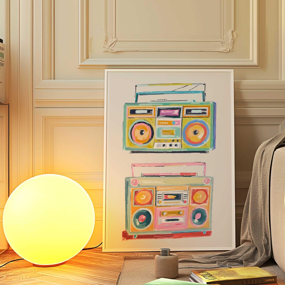 Boombox Radio Poster, Watercolor Retro Music Art