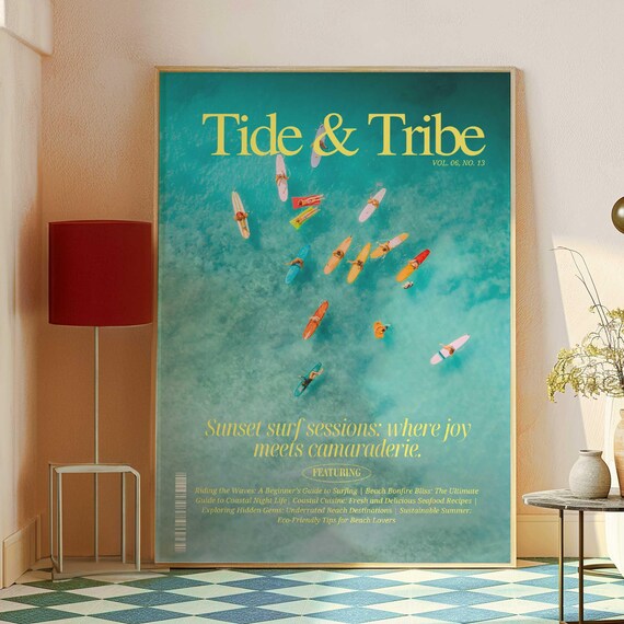 Tide And Tribe Surf Magazine Cover Poster With Aerial Surfers Turquoise Sea