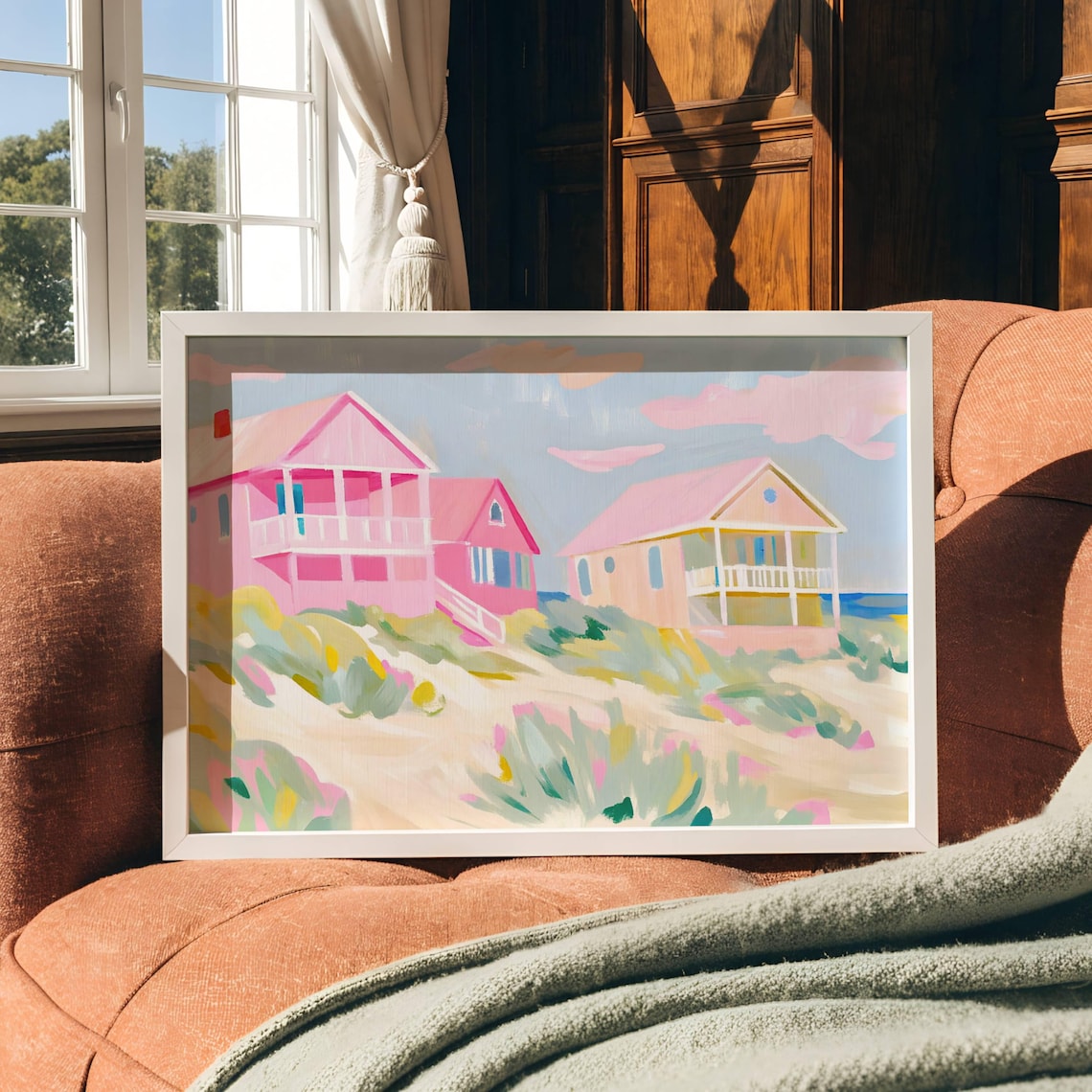 Pink Beach Houses Pastel Watercolor Coastal Summer Beach Poster