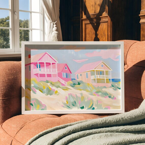 Pink Beach Houses Pastel Watercolor Coastal Summer Beach Poster