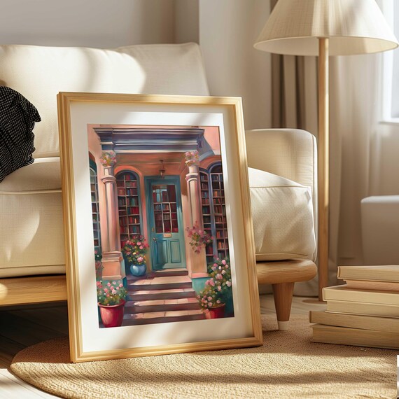 Pink Bookstore Door Library Bookshelf Floral Watercolor Poster