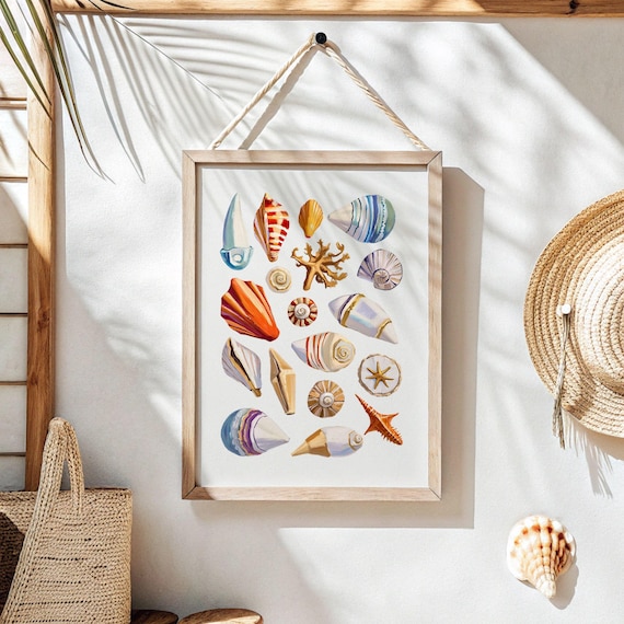 Watercolor Seashell Collection Conch Nautilus Coral Coastal Art Poster