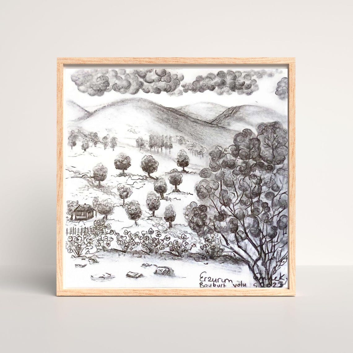 Erzurum Turkiye Charcoal Pencil Landscape Hills Sketch Poster - Image 5