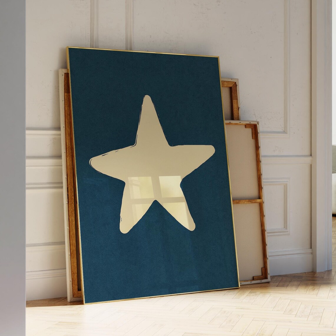 Retro Hand Drawn Cream Star On Navy Background Wall Decor Poster