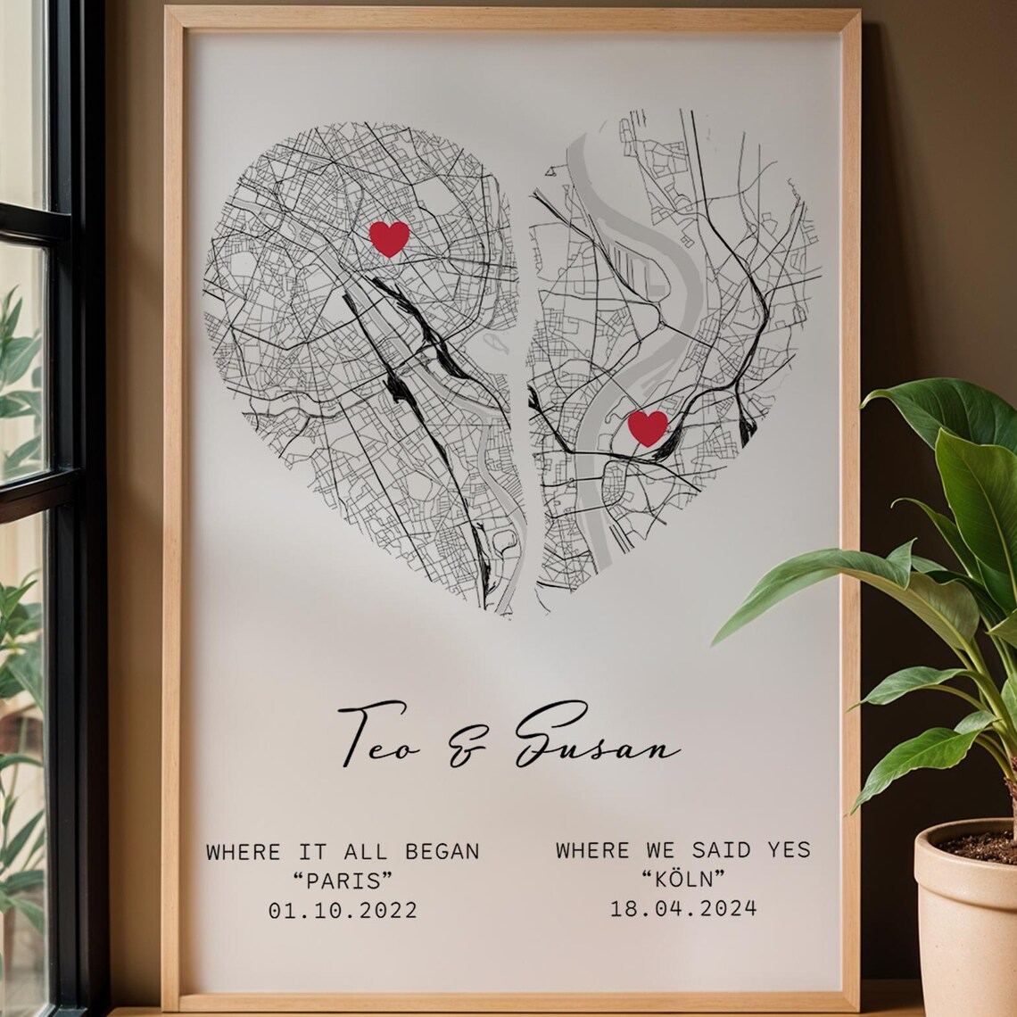 Personalized Double Location Map Custom Heart Print