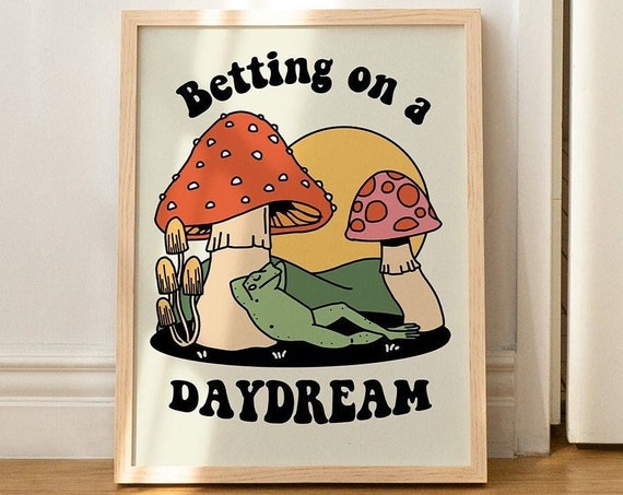Retro Print Wall Decor Aesthetic Poster Print 70s Decor Frog Mushroom Print Cute Trendy Bedroom Decor Positive Quote Artwork Unframed