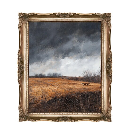 Fox In Field Art Print Dramatic Landscape Wall Nature Painting Home Decor Animal Rustic