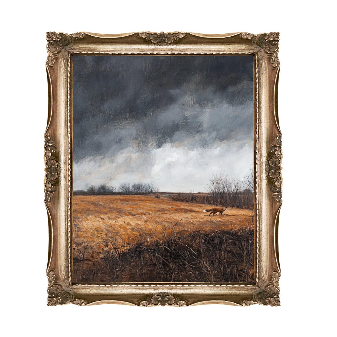 Red Fox Crossing a Golden Field under a Stormy Sky Art Poster