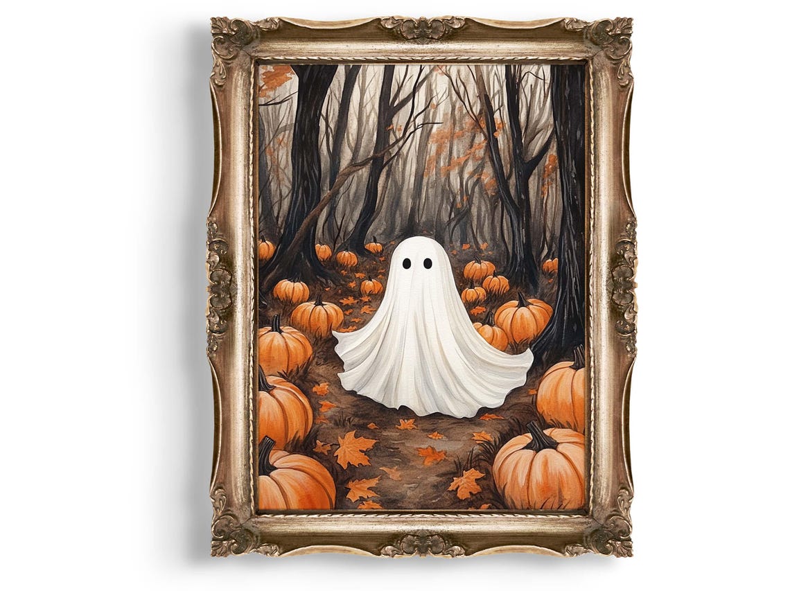 Cute Ghost in Pumpkin Patch Spooky Fall Forest Halloween Art Print