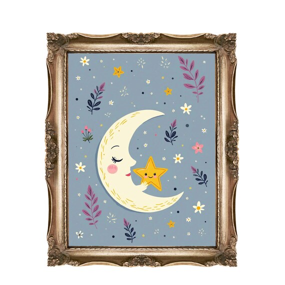 Crescent Moon Star Nursery Decor Celestial Dreamy Kids Room Print