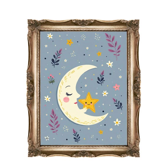 Moon Star Nursery Art Kids Room Decor Celestial Wall Dreamy Illustration Girl Boy Bedroom Instant