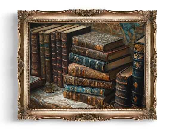 Antique Stacked Old Leather Books Vintage Library Art Poster