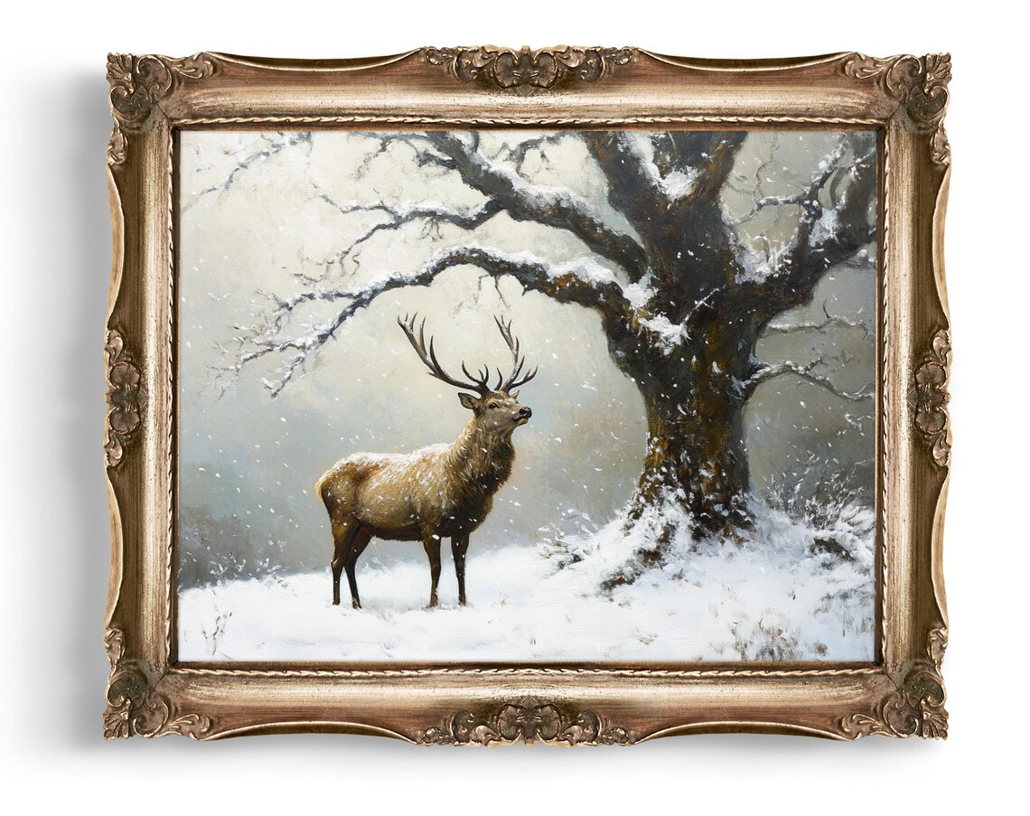 Winter Deer Art Snowy Landscape Print Stag Wall Rustic Home Decor Nature Painting