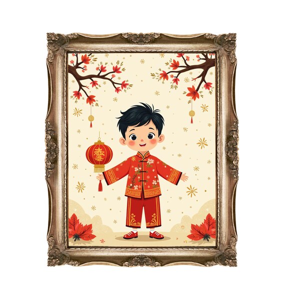 Chinese New Year Boy In Red Outfit With Lantern Blossoms Poster