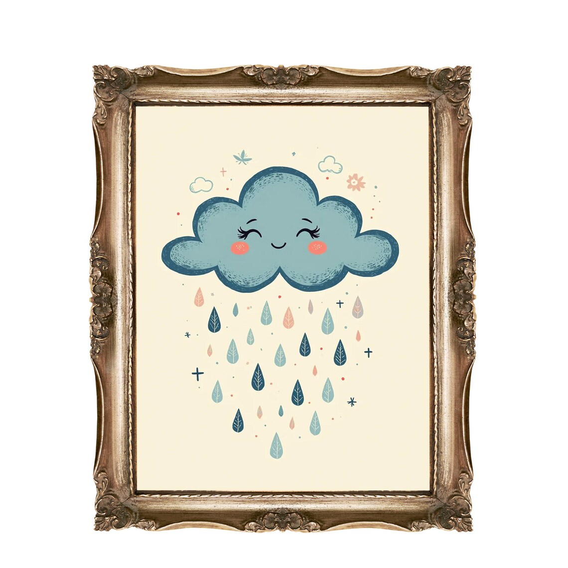 Cute Cloud Wall Art For Kids Nursery Decor Raindrop Illustration Whimsical Instant Playroom Smiling
