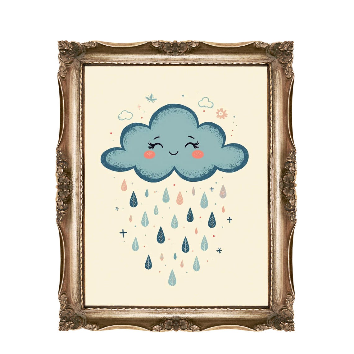 Cute Smiling Blue Rain Cloud with Raindrops Nursery Art Poster