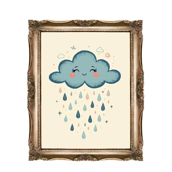Cute Smiling Blue Rain Cloud with Raindrops Nursery Art Poster