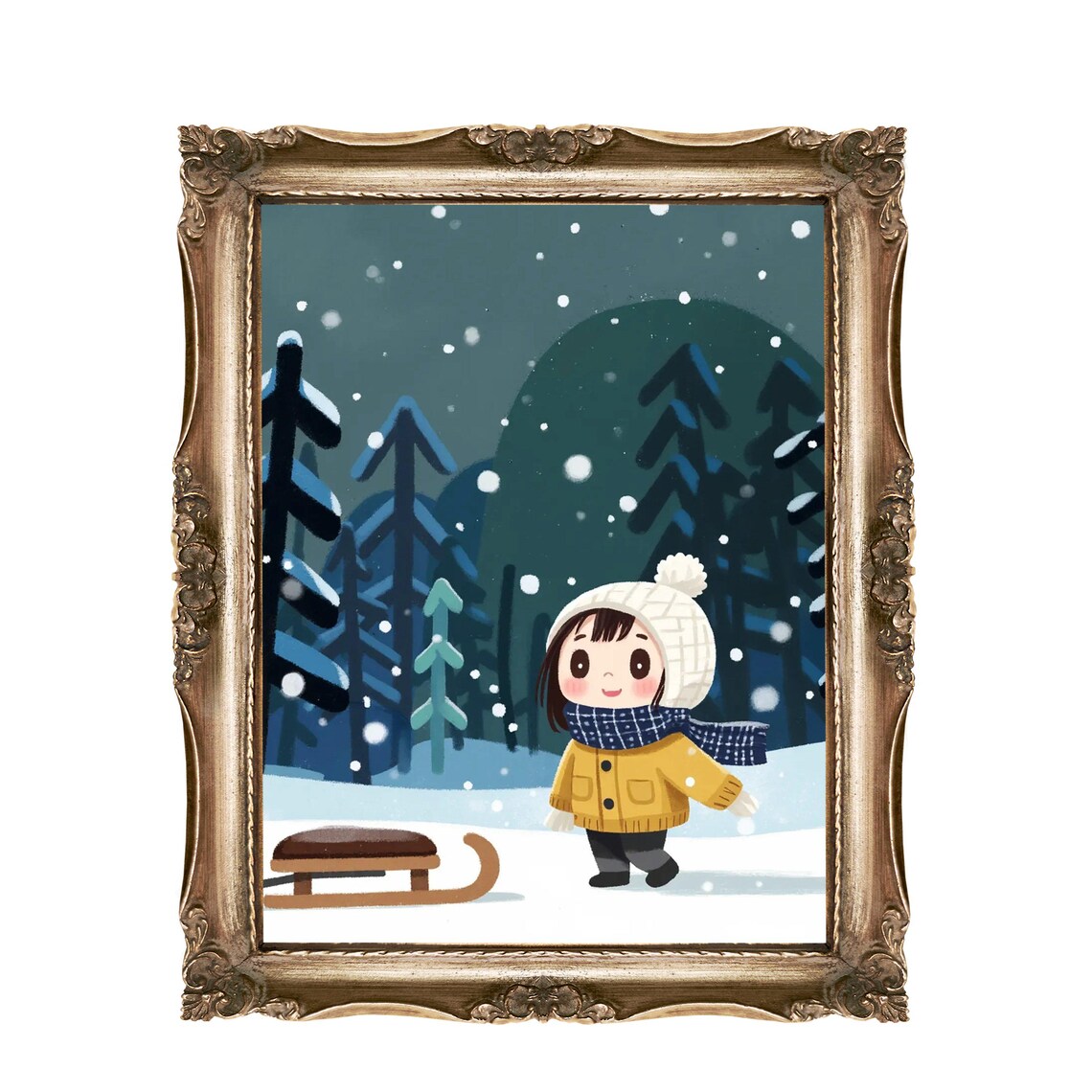 Winter Girl With Sled In Snowy Forest Kids Room Holiday Poster