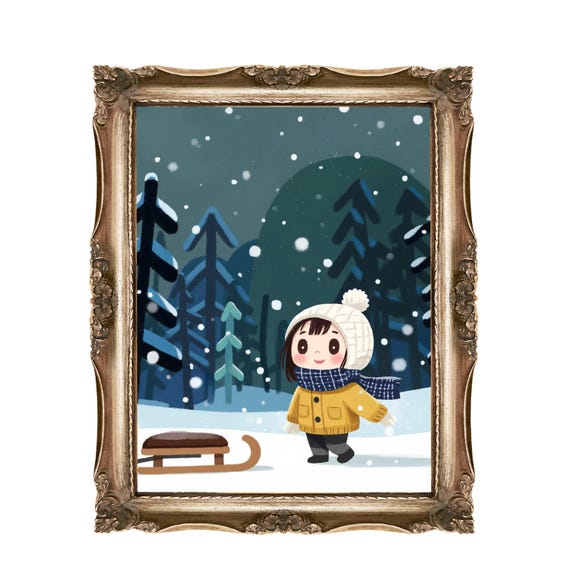Winter Girl Wall Art Snow Scene Print Kids Room Decor Cute Forest Holiday